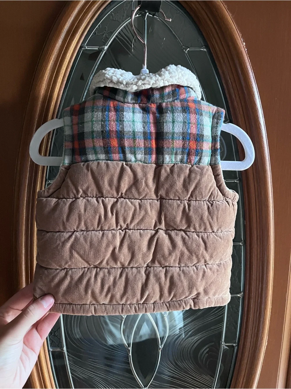 Old Navy Baby Brown Corduroy Vest with Sherpa Collar and Plaid Design NWOT